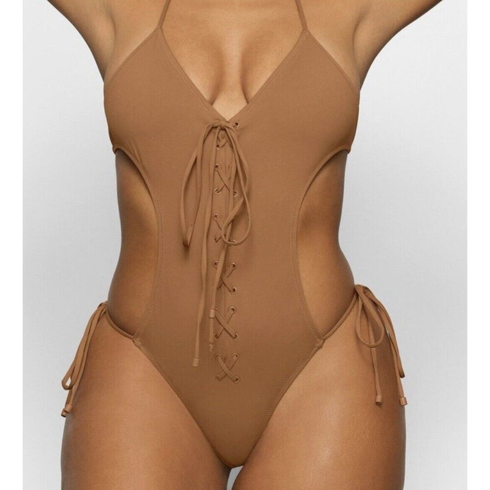 SKIMS Recycled Swim Lace Up Monokini Halter Lace Up Front Tan Almond Size 3X NWT